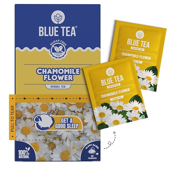 Blue TEA - Chamomile Tea For Sleep - 25 Count - Plant Based Tea Bags, Get a good Sleep, Relaxation, Stress Relief, Caffeine Free - Flower Based