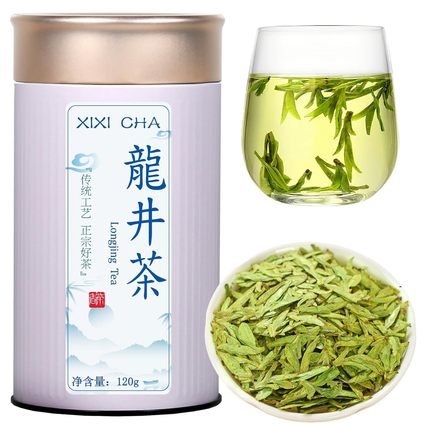 XIXICHA Longjing Green Tea Loose Leaf New Longjing Tea Dragon Well Dragonwell Tea Chinese Green Tea Lung Ching Premium Bean Aromatic All-natural and free of additives 4.23oz/120g（96 cups）龙井 绿茶 明前采摘
