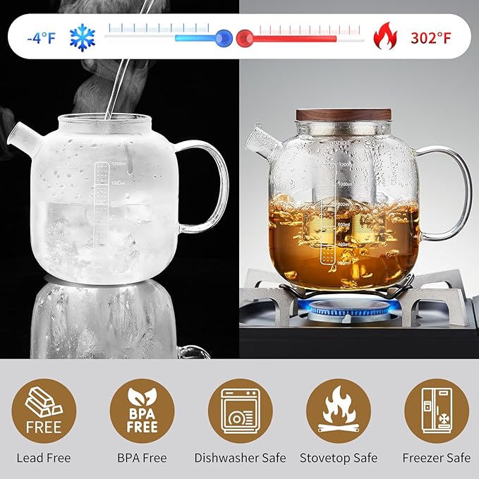 Glass Teapot With Stainless Steel Infuser 1200ml, Glass Tea Pot, Loose Leaf Tea Kettle, Glass Kettle Stovetop, Teapot With Strainer