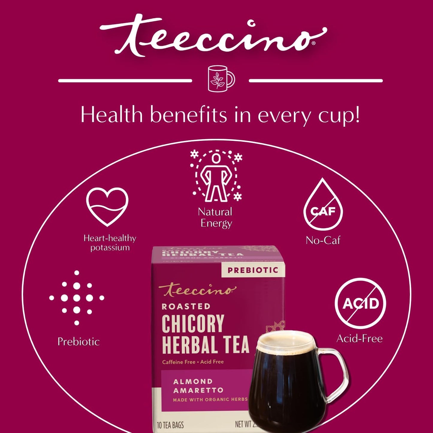 Teeccino Herbal Tea - Almond Amaretto - Rich &amp; Roasted Herbal Tea That's Caffeine Free &amp; Prebiotic for Natural Energy, 10 Tea Bags