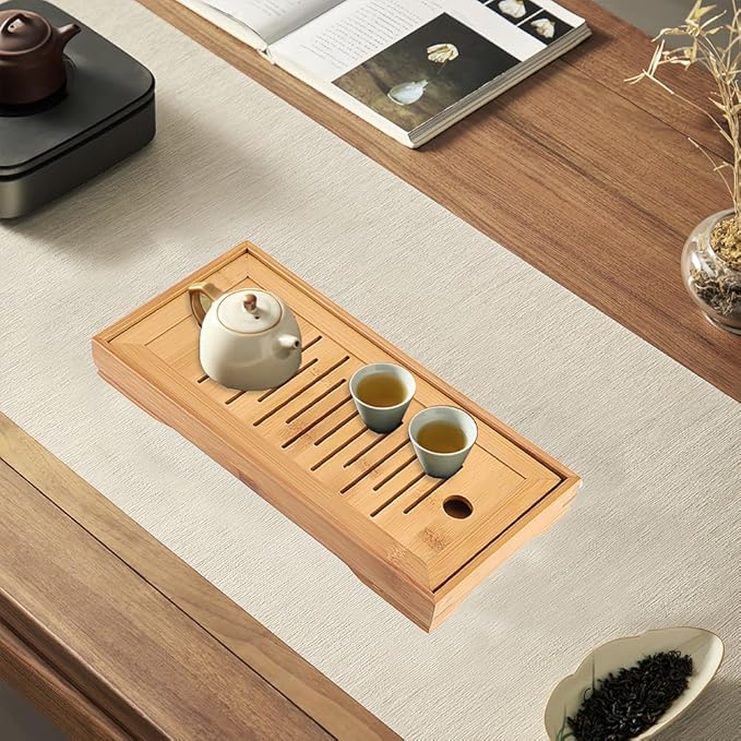 Joyzan Chinese Tea Tray, Mini Bamboo Small Gongfu Tea Table Set Japanese Serving Kung Fu Plate Drainage Reservoir Drawer Type Water Storage Box Chassis Wooden Home Office Household Teahouse Bar