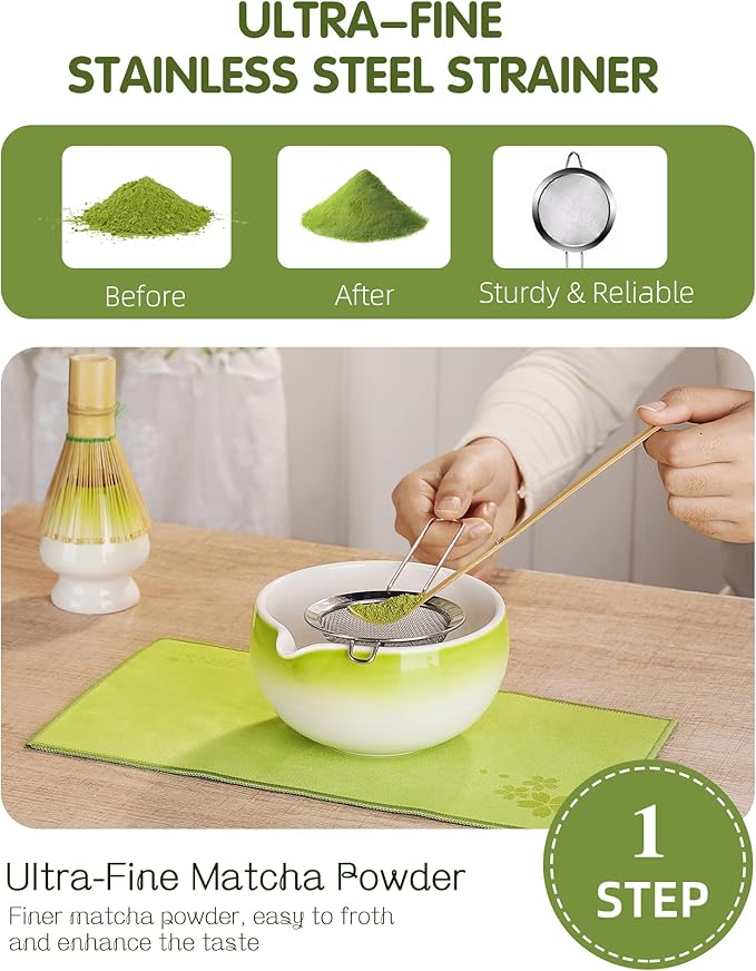 ZENS Matcha Whisk Set, 5pcs Matcah Kit Includes Ceramic Bowl with Spout, Handcrafted Bamboo Whisk, (Chasen) Holder, Scoop & Tea Mat, Matcha Set Gift for Tea Ceremony, Green