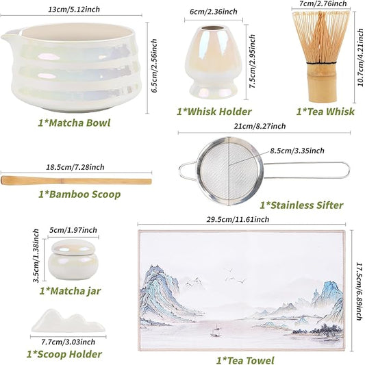 Matcha Whisk Set,Ceramic Matcha Set,Bowl With Spout, Powder Starter Sifter, Ceramic Whisk Holder, 8 pcs Matcha Tea Kit for Matcha Lovers
