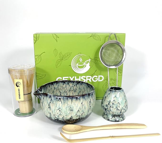 Matcha Whisk Set 6 pc Kit - Traditional Japanese Chasen, Bamboo Whisk Holder, Ceramic Bowl with Spou