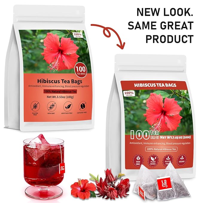 Hibiscus Tea Bags, 100% Natural Hibiscus Flowers Herbal Tea Bags, No Sugar/Gluten, Caffeine Free-100 Count