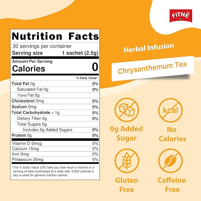FITNÈ Chrysanthemum Herbal Tea Senna Infusion Smooth Mild Soothing Beverage Natural Gentle Detox Cleanse No Calories Caffeine Free, 30 Tea Bags