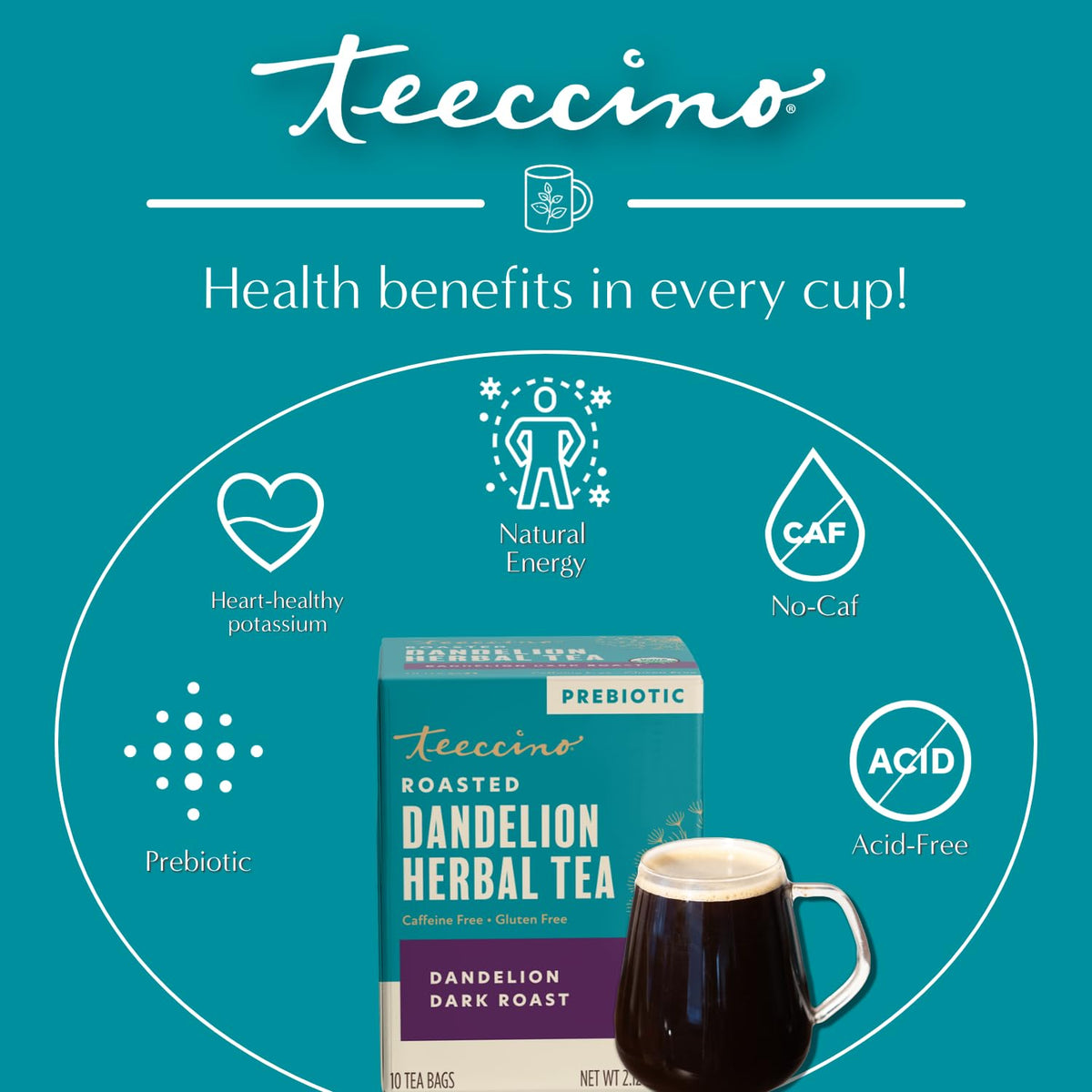 Teeccino Org Dandelion Dark Roast Tea – Caffeine Free Prebiotic 10 Tea Bags