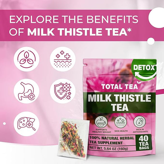 Total Tea 100% Natural Milk Thistle Seeds Tea for Liver Cleanse, Fruit Tea, Digestive Health and Immune System Support - 40 Count