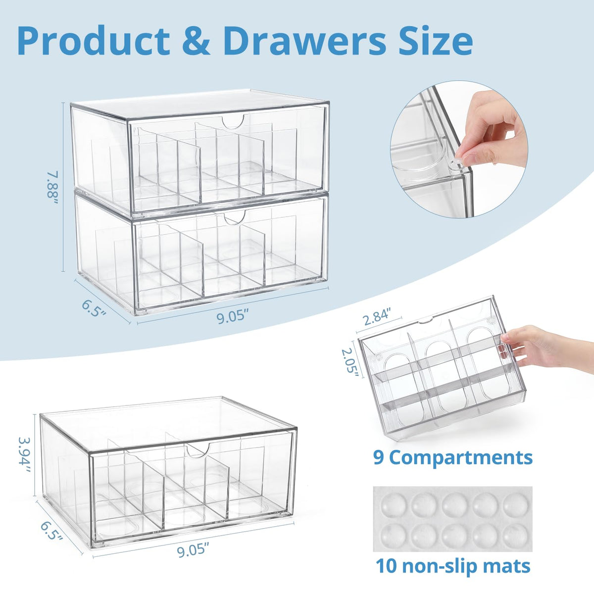 CLUQMEIK 2 Large Acrylic Tea Bag Organizer, 9 Grids Tea Organizers and Storage with Acrylic Drawers Stackable, Teabag Holder