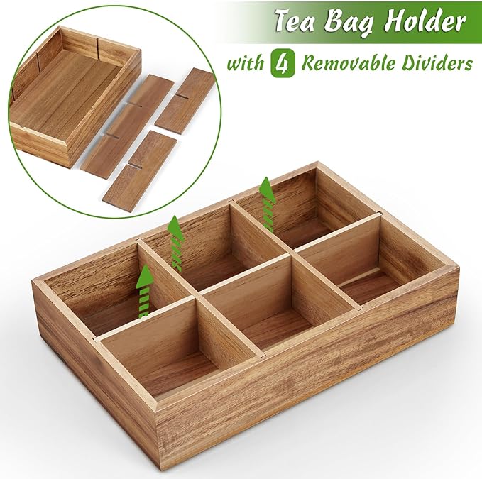 Drastar Tea Bag Organizer, Acacia Wooden Tea Bag Holder, Tea Storage Containers with 6 Slots, Sugar Packet Holder, Tea Bag Caddy Box for Countertop