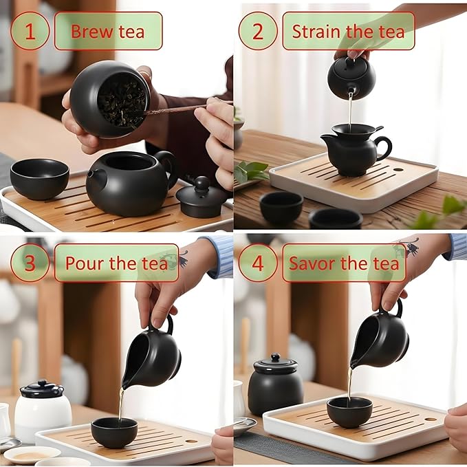 Portable Chinese Gongfu Tea Set - Handcrafted Ceramic Tea Set for Chinese/Japanese Tea Ceremony, Complete with Teapot & 4 Cups, Travel-Friendly Gift Set(Black)