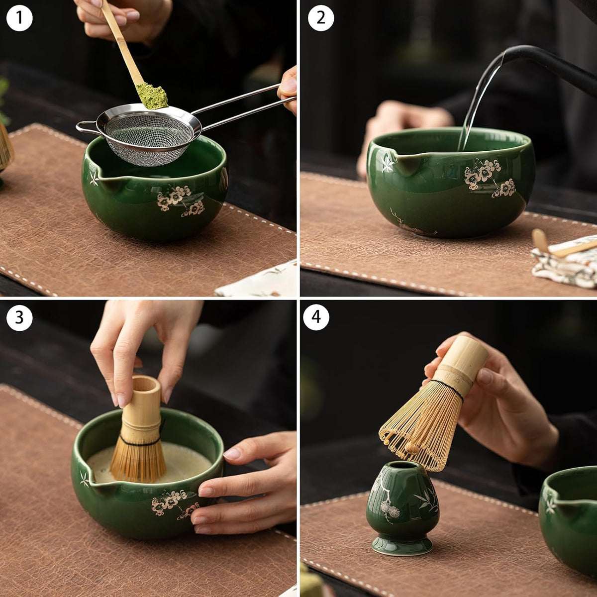 Matcha Whisk Set,8 Pcs Ceramic Matcha Set for Ceremony,Matcha Whisk kit with Bowl,Bamboo Whisk and Holder,Scoop,Sifter,Gift for Matcha Lovers Family and Friend Green