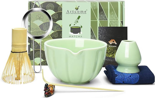 Artcome 7 Pcs Japanese Matcha Tea Set - Matcha Bowl with Pouring Spout, Matcha Whisk, Tea Scoop, Whisk Holder, Handmade Matcha Ceremony Kit For Japanese Tea Ceremony, Green