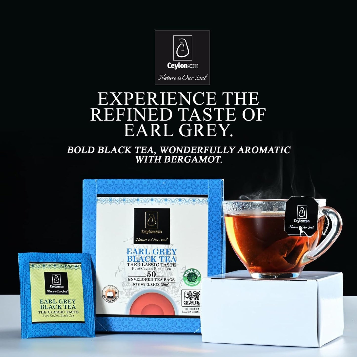 Ceylonzon Earl Grey Black Tea Classic Taste 50 Individually Foil-Wrapped Tea Bags, Infused with Pure Bergamot for a Bold, Aromatic Flavor and Refreshing Experience 80g