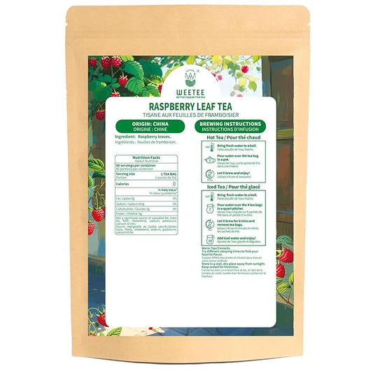 WT Weetee Red Raspberry Leaf Tea Bags, 60 Count Corn Fibre, Pure Cut & Sifted Raspberry Leaves, No Sugar, No Caffeine, Natural Herbal Tea