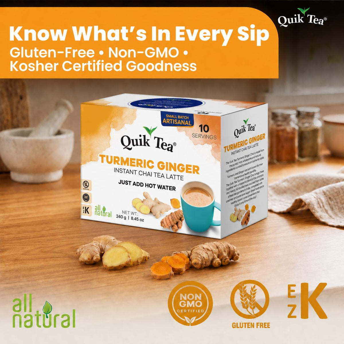 Quik Tea QuikTea Instant Chai Tea Latte Mix, Turmeric Ginger, 10 Sachets