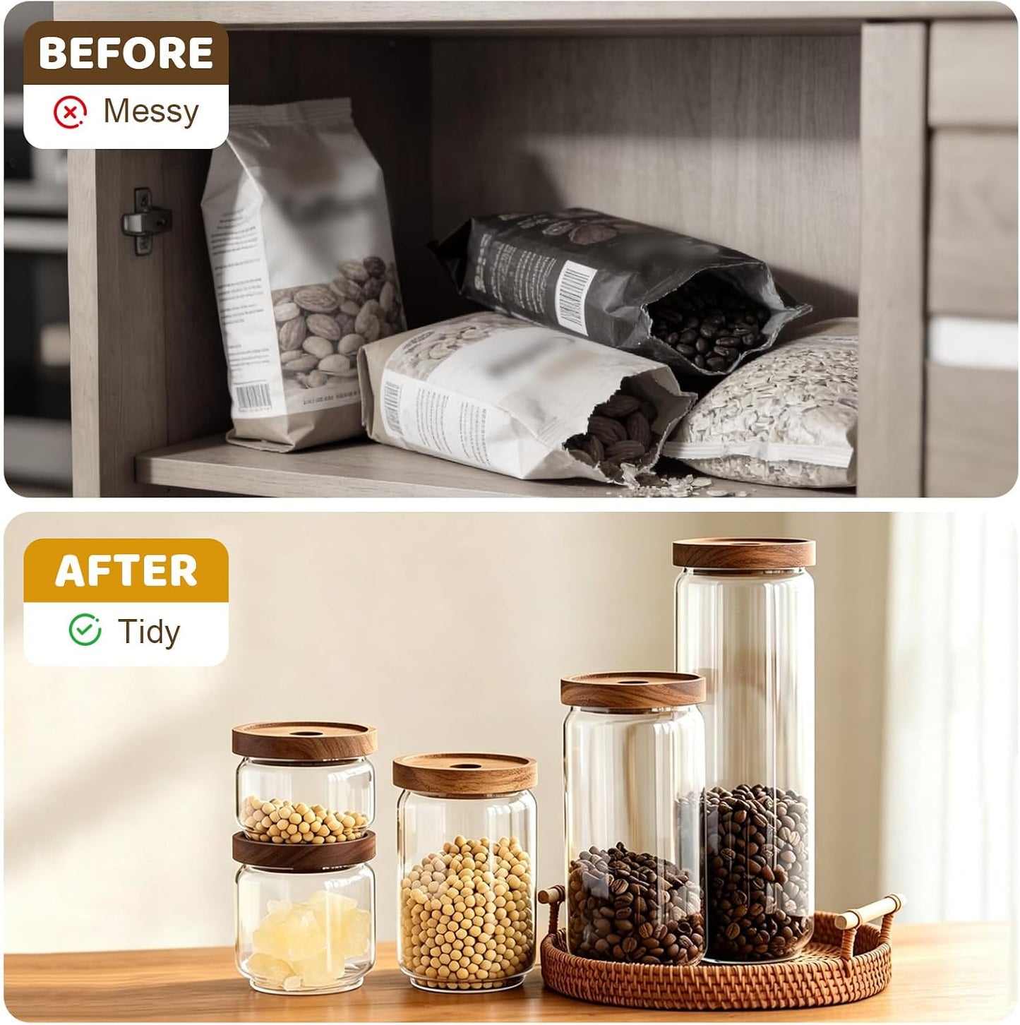 Glass Jars with Airtight Wood Lids - 11 oz Mini Kitchen Pantry Storage Containers, Stackable Decorative Canisters for Chia Seed, Sugar, Tea, Spice, Salt, Matcha, Nuts, Sauce, Cocoa powder, Set of 2