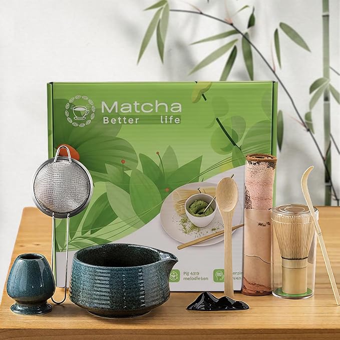 8 Pcs Matcha Whisk Set Chasen Matcha Whisk Bamboo Bowl with Spout Sifter Spoon Scoop Whisk Holder Ba