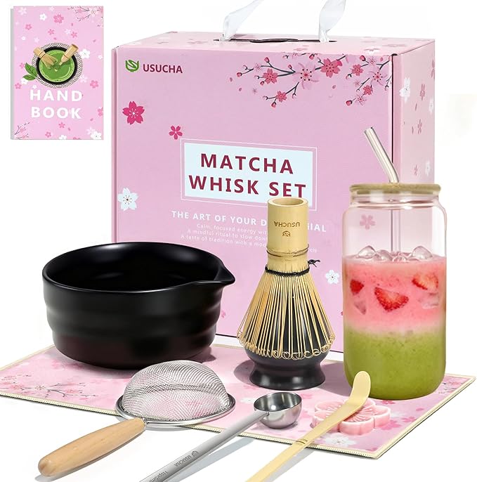 9PCS Matcha Whisk Set, Ceramic Bowl with Spout, Bamboo Whisk & Holder, Matcha Cup, Ceremony Tea Maki