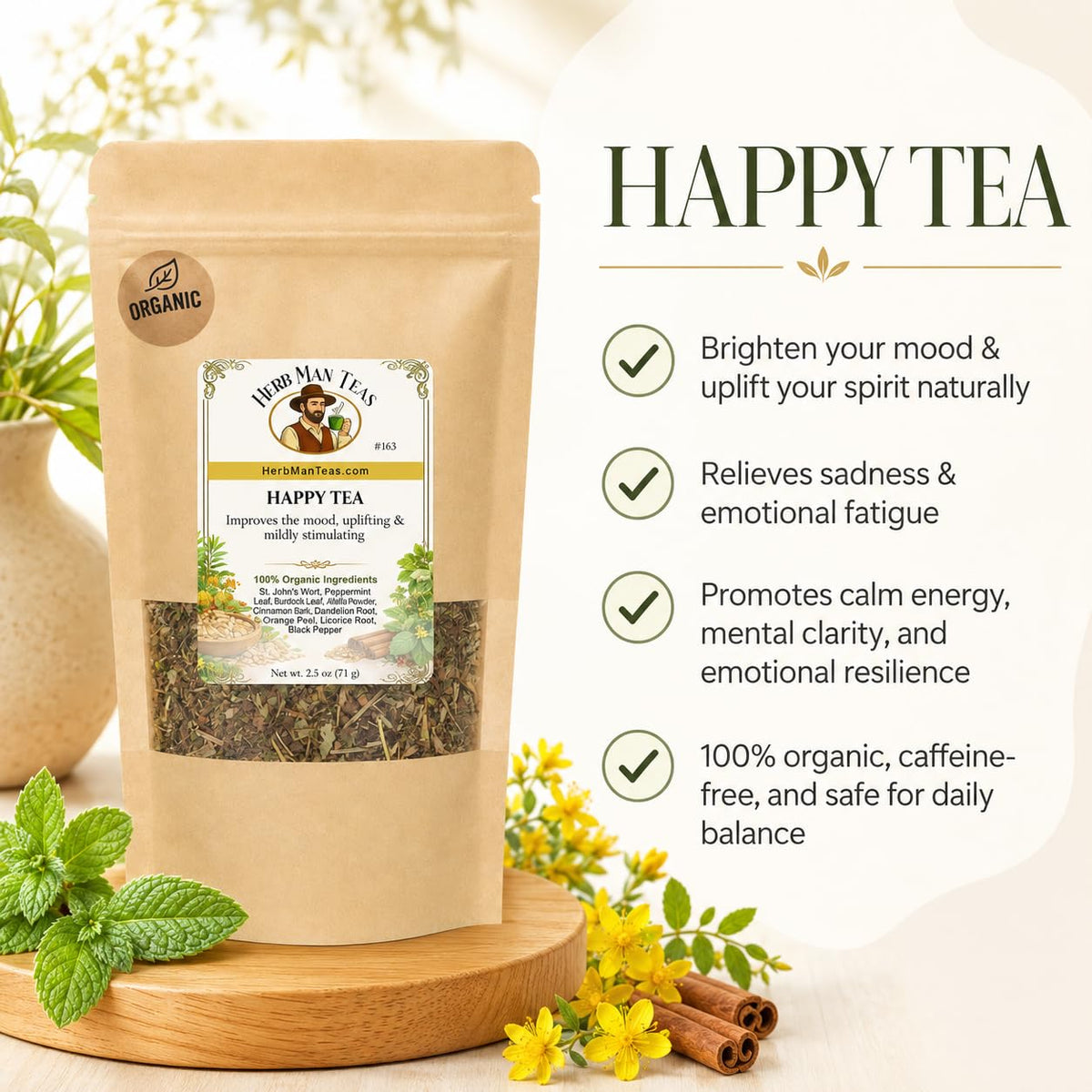 HAPPY TEA – Pleasant Feel-Good Daily Boost, Uplifting Mood Support &amp; Positive Energy with St. John’s Wort, Brahmi &amp; Rhodiola – Premium Organic Loose Leaf – Formulated by Master Herbalist