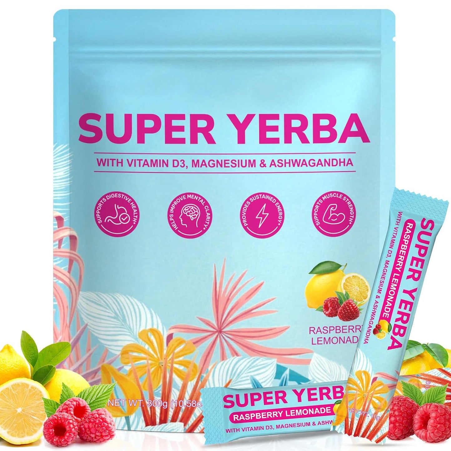 Yerba Mate Instant Tea Powder | Super Yerba Mate Tea for Energy Support &amp; Gut Health - Ashwagandha, Lion’s Mane, L-Theanine, Raspberry Lemonade Flavor, Hot or Cold Drink (10.58 oz, 30 Servings)