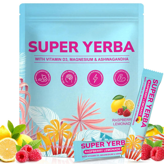 Yerba Mate Instant Tea Powder | Super Yerba Mate Tea for Energy Support &amp; Gut Health - Ashwagandha, Lion’s Mane, L-Theanine, Raspberry Lemonade Flavor, Hot or Cold Drink (10.58 oz, 30 Servings)