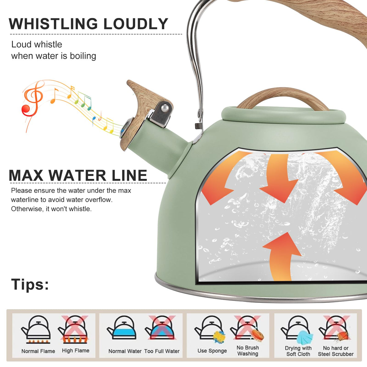 Tea Kettle, Vegoran 100 OZ / 3 Liter Whistling Tea Kettle, Tea Pots for Stove Top Food Grade Stainless Steel with Wood
