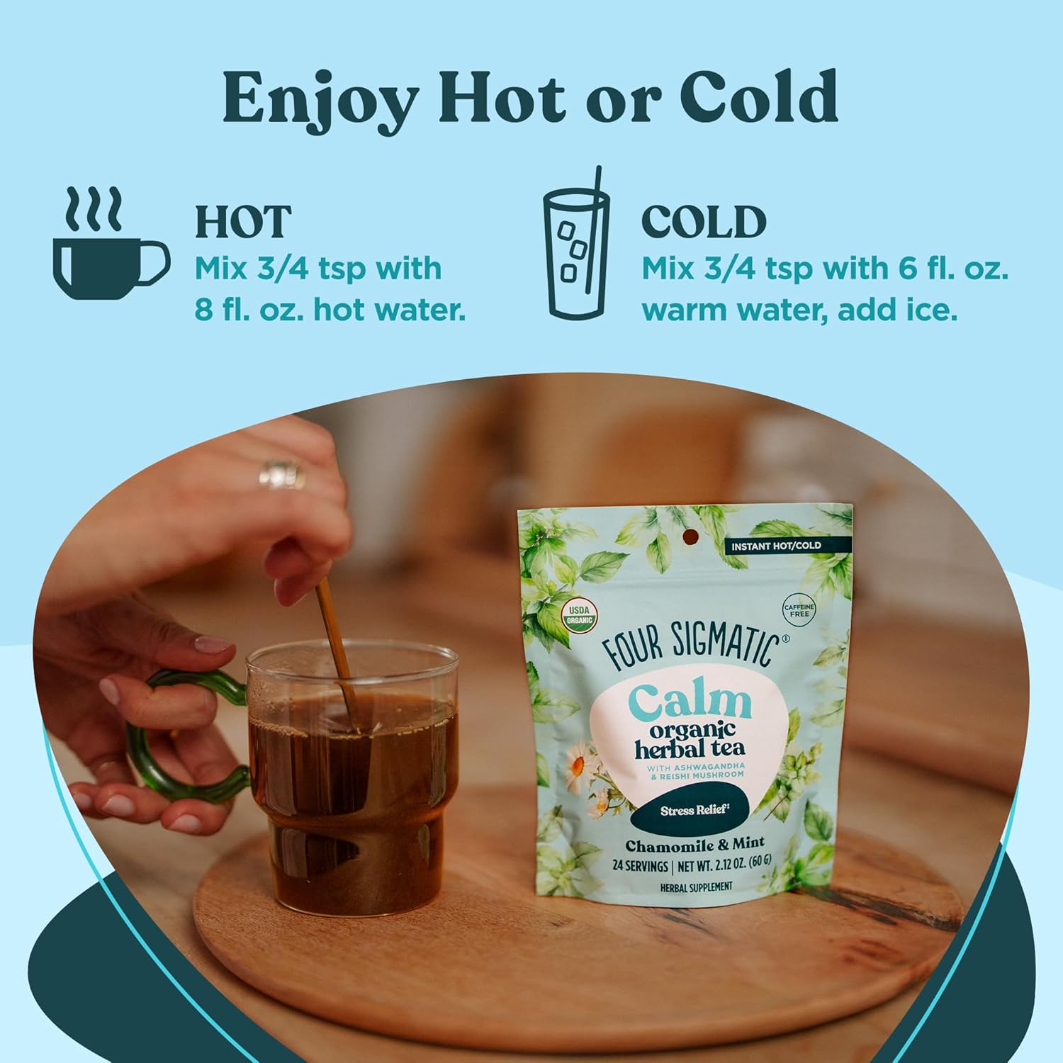 Four Sigmatic Calm Organic Herbal Tea | Stress Relief Tea with Ashwagandha & Reishi | Instant Adaptogenic Drink for Relaxation | Vegan, Gluten-Free | Chamomile & Mint, 24 Servings