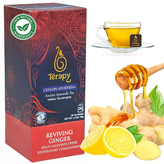 Térapy Ceylon Ginger & Honey Tea, Organic Herbal Tea Bags, 100% Natural Ayurvedic Ingredients Including Organic Ginger, Wild Bee’s Honey