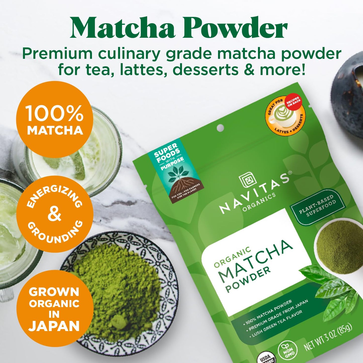 Navitas Organics Matcha Powder – For Tea, Lattes, Smoothies, Desserts &amp; More – Energy &amp; Antioxidants – Premium Culinary Grade – USDA Organic, Non GMO, Gluten Free, Kosher, Vegan (3oz. Bag 85 Servings)