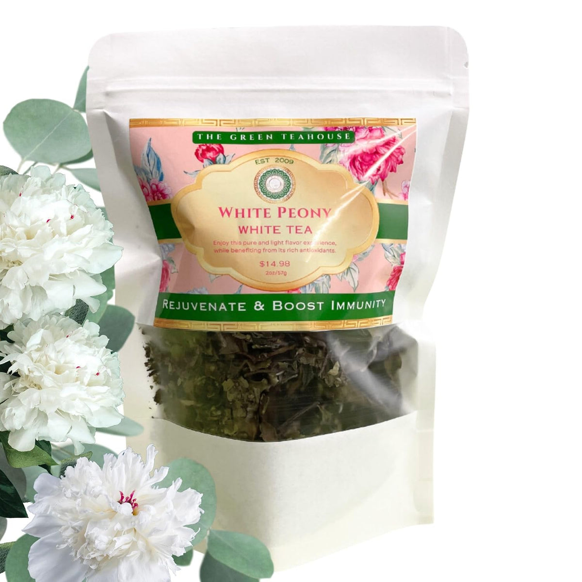Organic Rejuvenating White Peony Floral Tea, 2 OZ Resealable Packet, Low Caffeine.