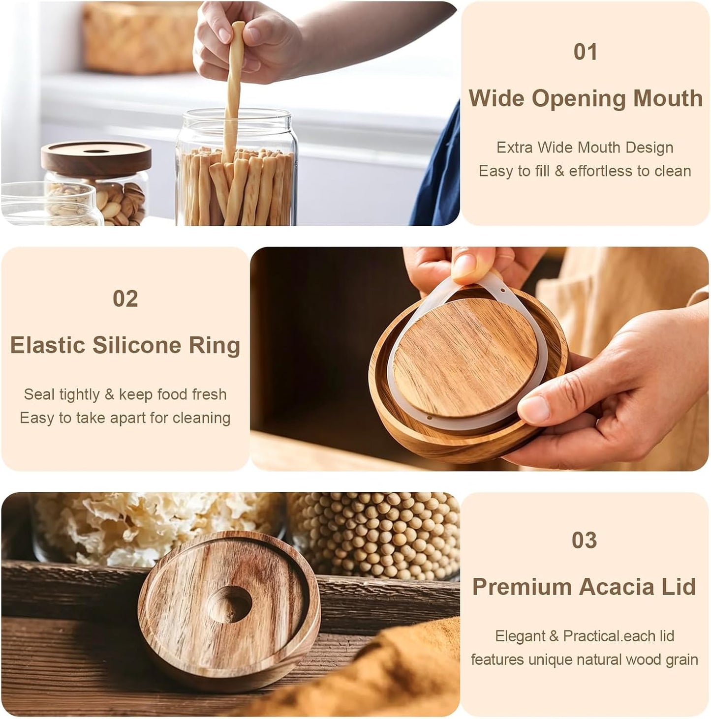 Glass Jars with Airtight Wood Lids - 11 oz Mini Kitchen Pantry Storage Containers, Stackable Decorative Canisters for Chia Seed, Sugar, Tea, Spice, Salt, Matcha, Nuts, Sauce, Cocoa powder, Set of 2
