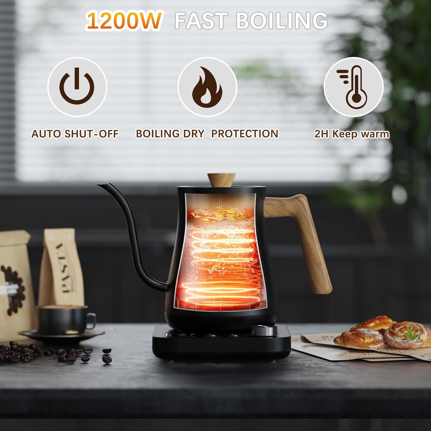 Gooseneck Electric Kettle, Electric tea Kettles, ±1℉ Temperature Control for Pour-Over Coffee &amp; Tea Brewing, Stainless Steel Inner, Quick Heating, Boil Hot Water, 1200W/0.8L (Black Wooden)