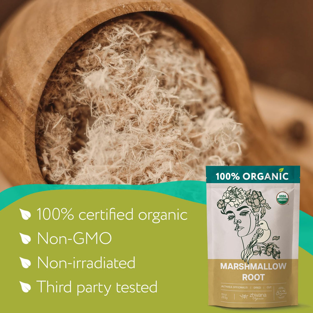Zhivana Organics Organic Marshmallow Root Tea Loose 10oz. - Throat Coat, Cough, Gut Lining