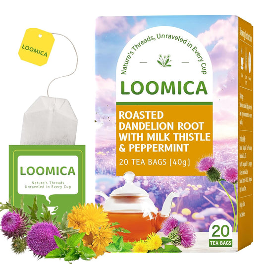 LOOMICA Roasted Dandelion Root with Milk Thistle &amp; Peppermint Tea, 20 Ct | Caffeine-Free, Toasted Nutty Flavor, Coffee Alternative, Bold &amp; Smooth, Individually Wrapped, Daily Herbal Tea