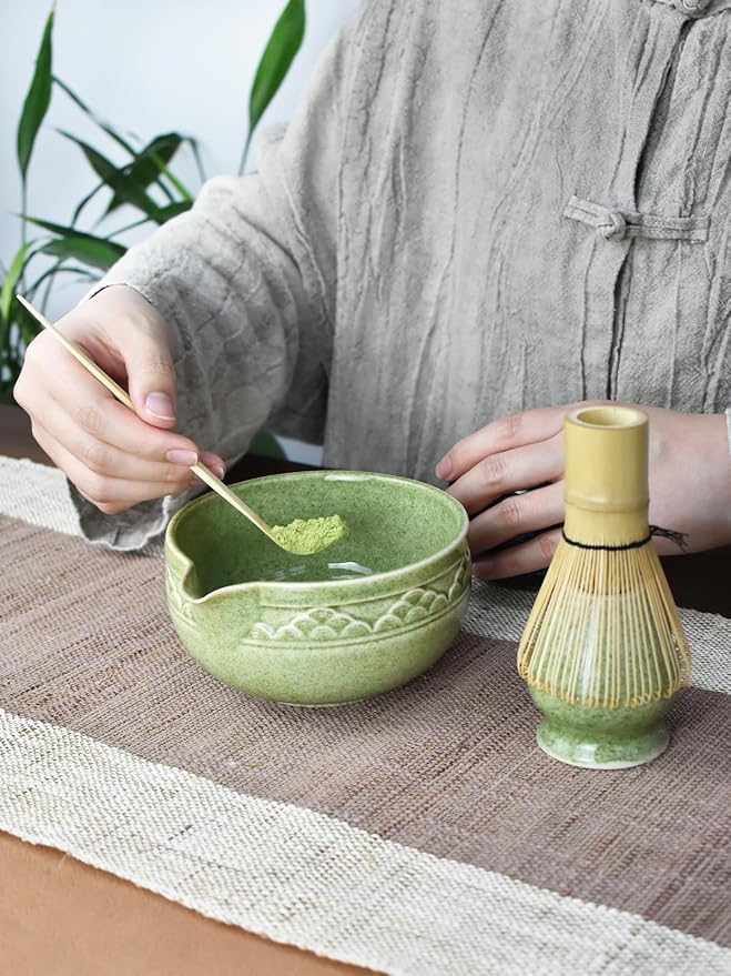 Artcome Matcha Tea Set with Pouring Spout - Green Ceramic Matcha Bowl, Bamboo Whisk, Whisk Holder