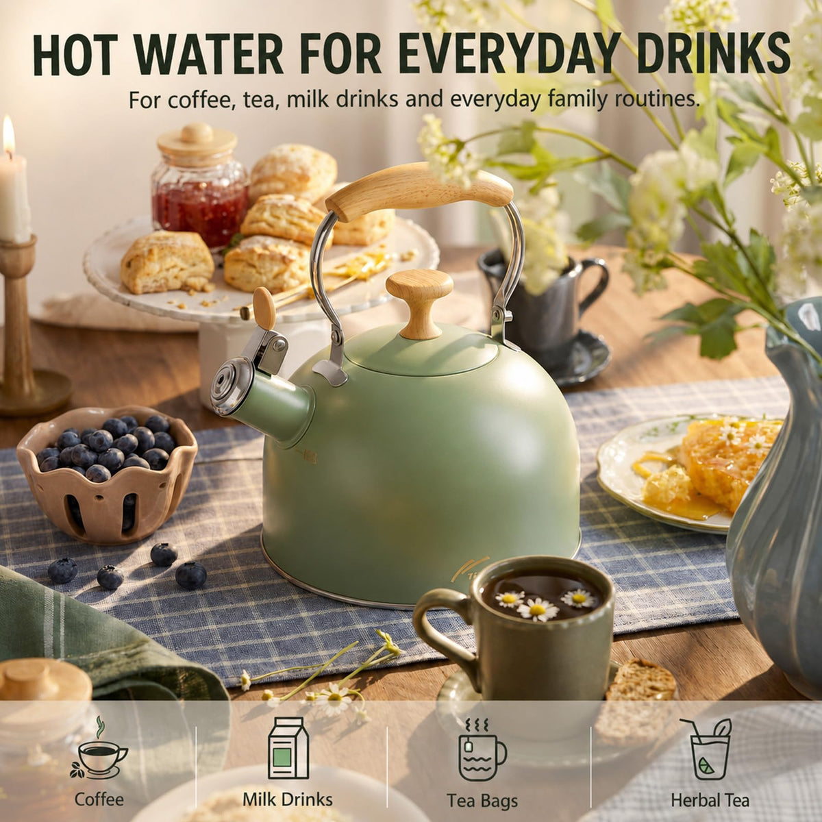 Tinlon Enamel Whistling Tea Kettle, 2.5 Qt Stovetop Teapot, Olive Green