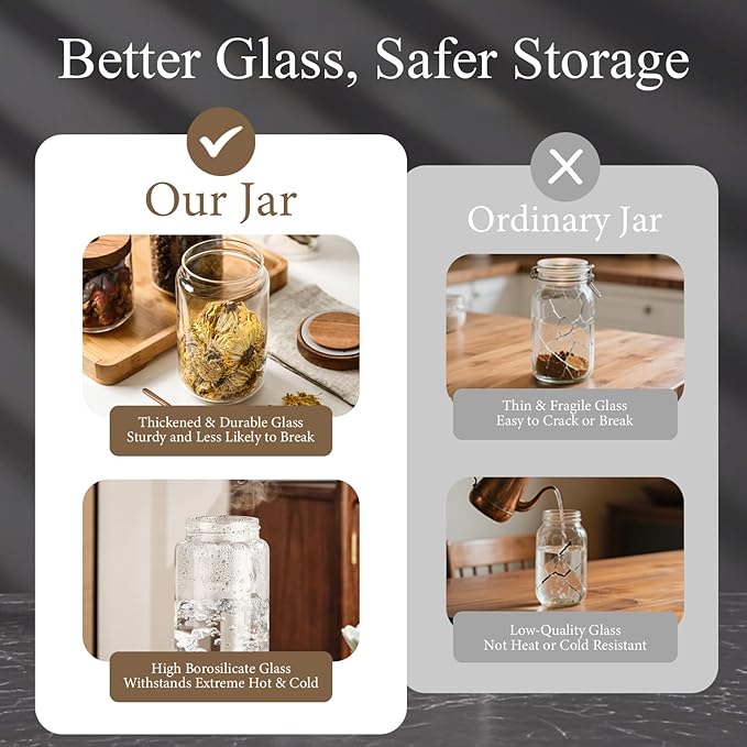 Glass Jars with Airtight Wood Lids - 12 oz Mini Kitchen Pantry Storage Containers, Stackable Decorative Canisters for Chia Seed, Sugar, Tea, Spice, Salt, Matcha, Nuts, Sauce, Cocoa powder, Set of 2