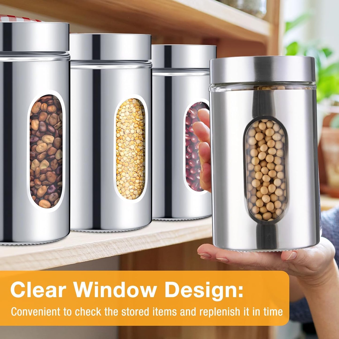 Mimorou 6 Pack 32 oz Airtight Stainless Steel Kitchen Canisters, Silver | Set Window Canister Jars, Coffee Tea Sugar, Quick Refill Check, Pantry Organization, Countertop Storage, Spice and Candy Jars