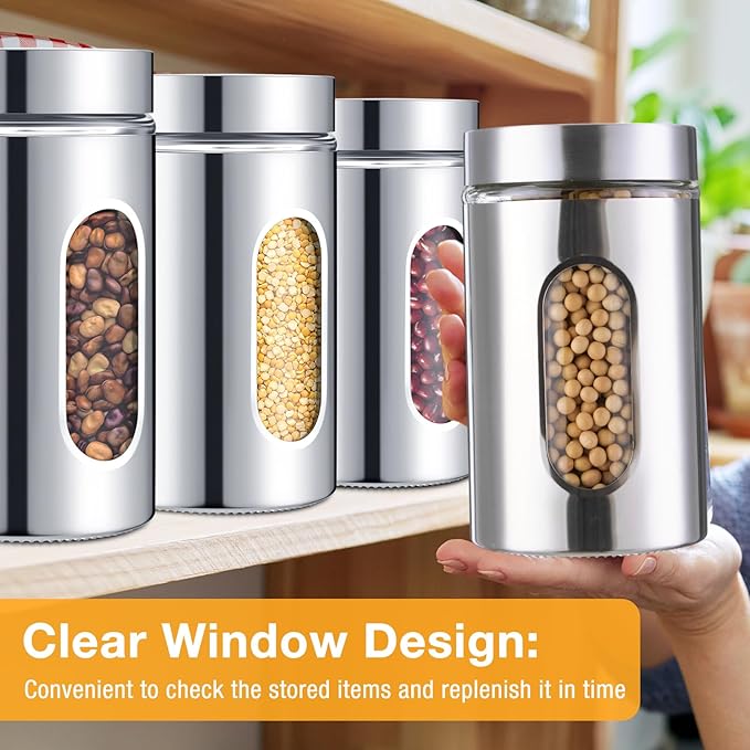 Mimorou 6 Pack Kitchen Canisters Set Airtight Coffee Sugar Tea Candy Storage Jars with Window Glass Stainless Steel Containers with Lids for Flour