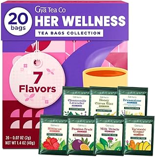Gya Tea Co Her Wellness Assorted Tea Bags Variety Pack - 20 Bags 7 Seasonal Flavors - Caffeinated & Caffeine Free Holiday Tea Sampler Gift Set Box - Easy Brew, Natural Ingredients, Enjoy Hot or Iced