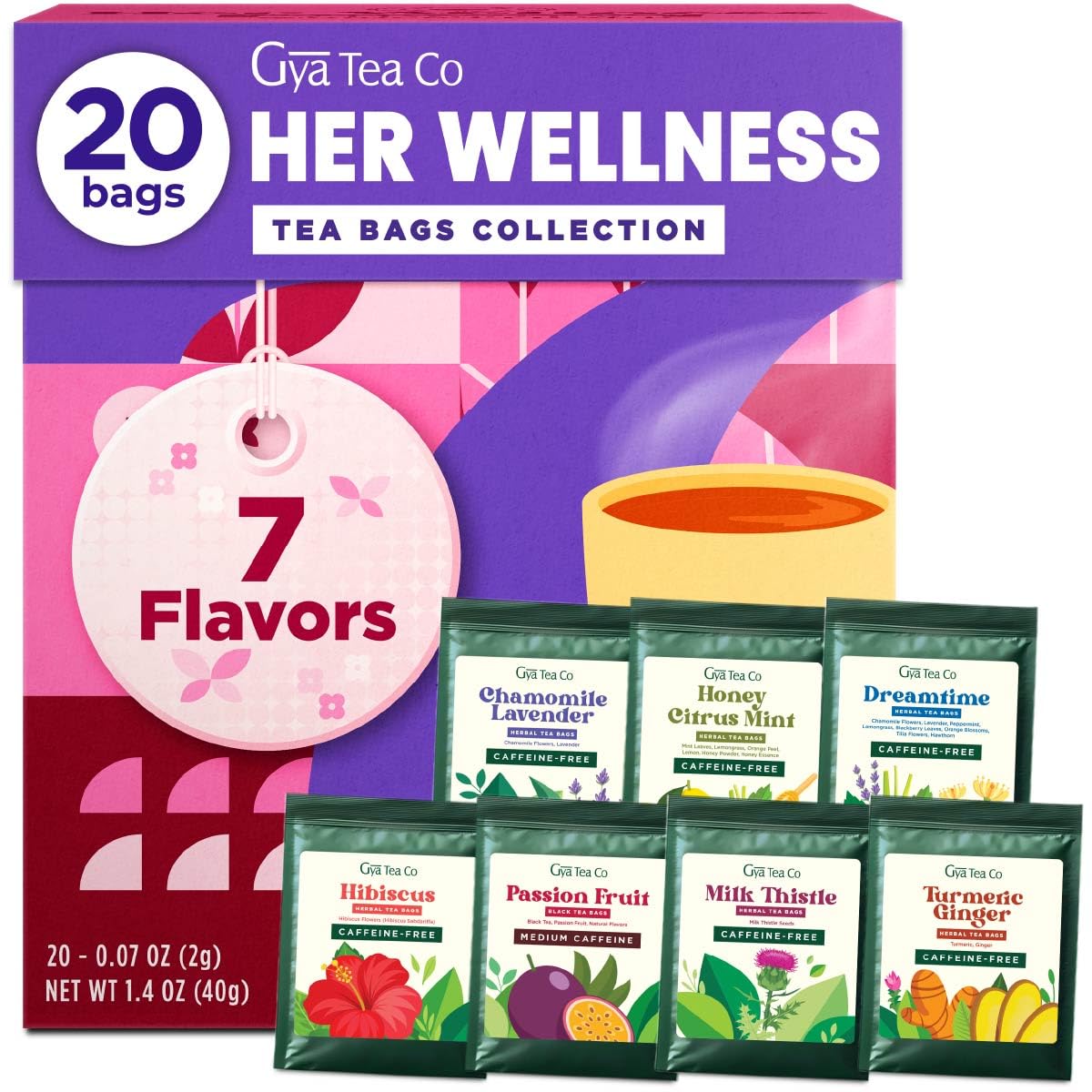 Her Wellness Tea Bags Gift Set (20 Count) - 7 Flavors Assorted Variety Pack | Caffeinated &amp; Caffeine Free Holiday Tea Sampler Gifts Box - Easy Brew, Natural Ingredients, Non-GMO, Enjoy Hot or Iced