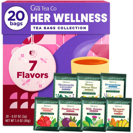 Her Wellness Tea Bags Gift Set (20 Count) - 7 Flavors Assorted Variety Pack | Caffeinated &amp; Caffeine Free Holiday Tea Sampler Gifts Box - Easy Brew, Natural Ingredients, Non-GMO, Enjoy Hot or Iced