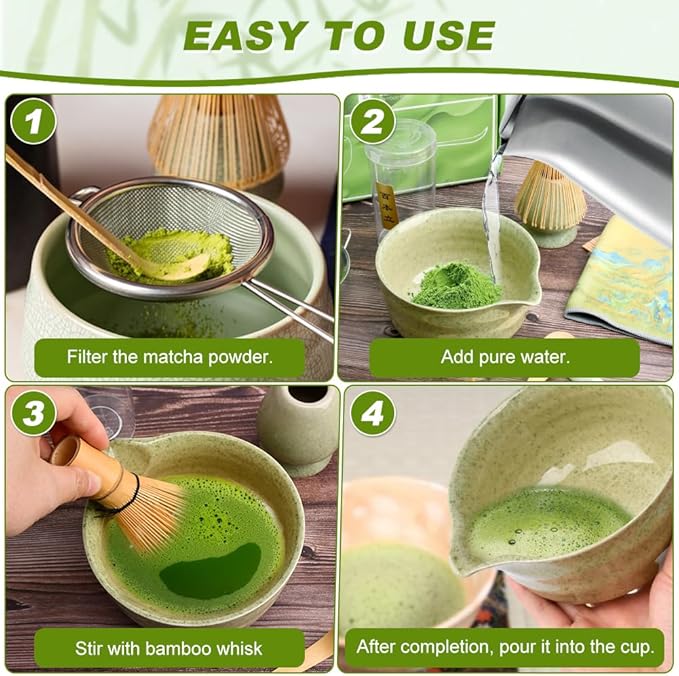 8 Pcs Matcha Whisk Set with Bamboo Whisk, Ceramic Bowl, Sifter, Scoop, Holder, Stand, and Tea Towel, Unique Gifts for Matcha Lover Home Kitchen Decor Gifts for Tea Enthusiasts Christmas