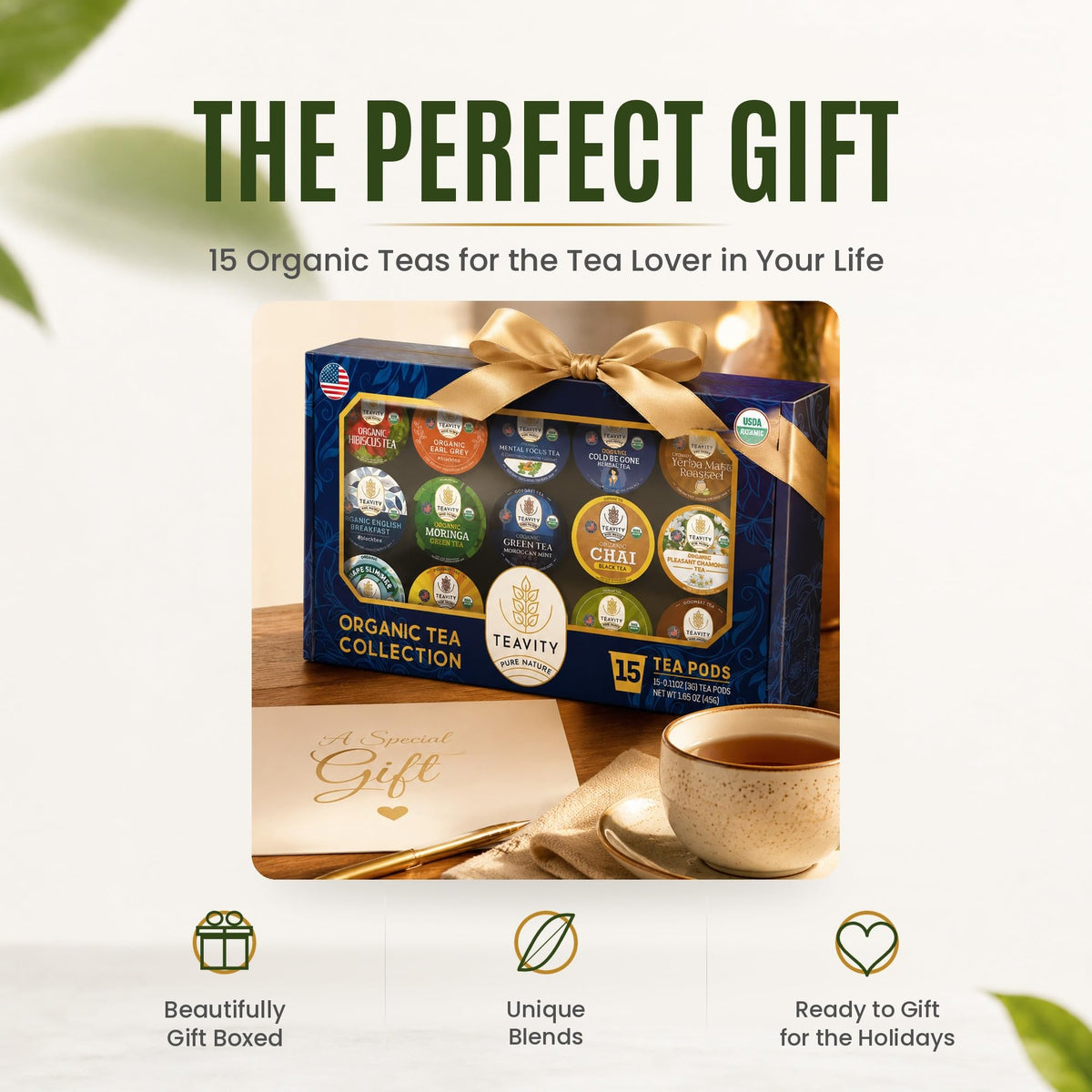 Teavity Organic Tea Pods Variety Pack, 15 Flavors, K-Cup Compatible