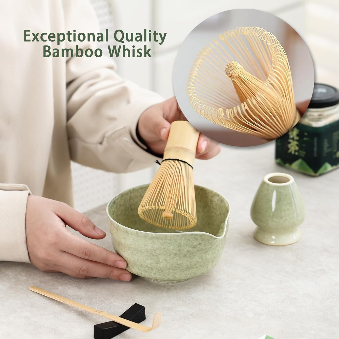 Ochcahser Matcha Set, 17 OZ Matcha Bowl, Matcha Kit for Matcha Lovers. | 5 Pce Japanese Matcha Whisk Set Includes Bowl with Spout, Whisk Holder, Bamboo Whisk and Scoop, Sifter, Great Matcha Gift.