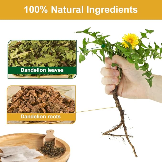 Premium Dandelion Leaf & Root Tea, Dandelion Herbal Tea for Liver Support, Antioxidant, Digestion and Immune Support, Traditional Diuretic Detox Tea, Caffeine Free, 40 Bags/80g