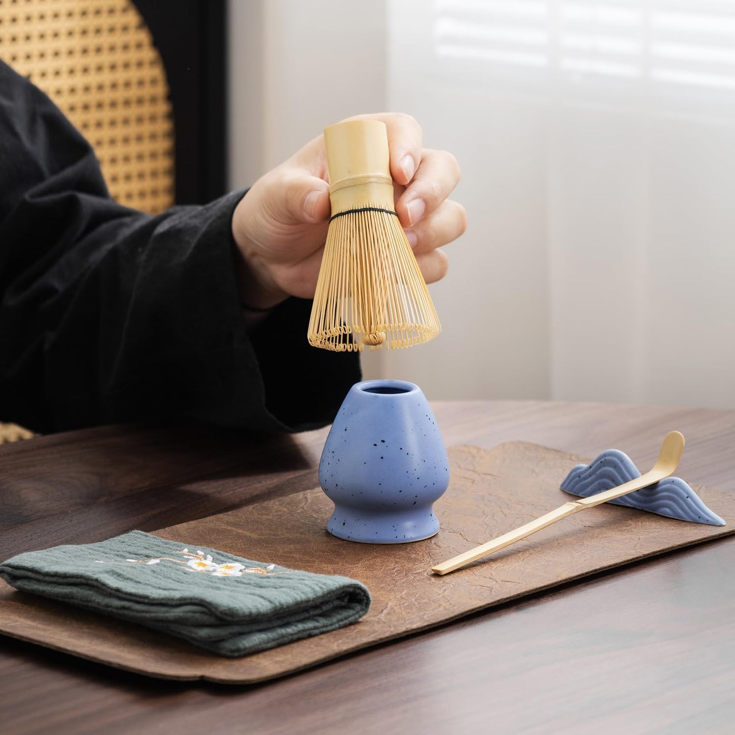 7Pcs Japanese Matcha Tea Set, Matcha Kit with Matcha Bowl (with Pouring Spout), Matcha Whisk, Whisk Holder, Strainer - Elegant Matcha Set for Gifting and Personal Use, Gift Box Packaging (blue)