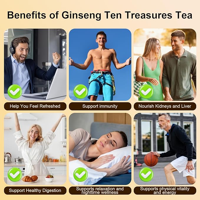 Ginseng Ten Treasures Tea, Premium Chinese Herbal Tea Blend with Ginseng, Goji, Red Dates & 7 More Herbs, Caffeine-Free Herbal Infusion, No Additives