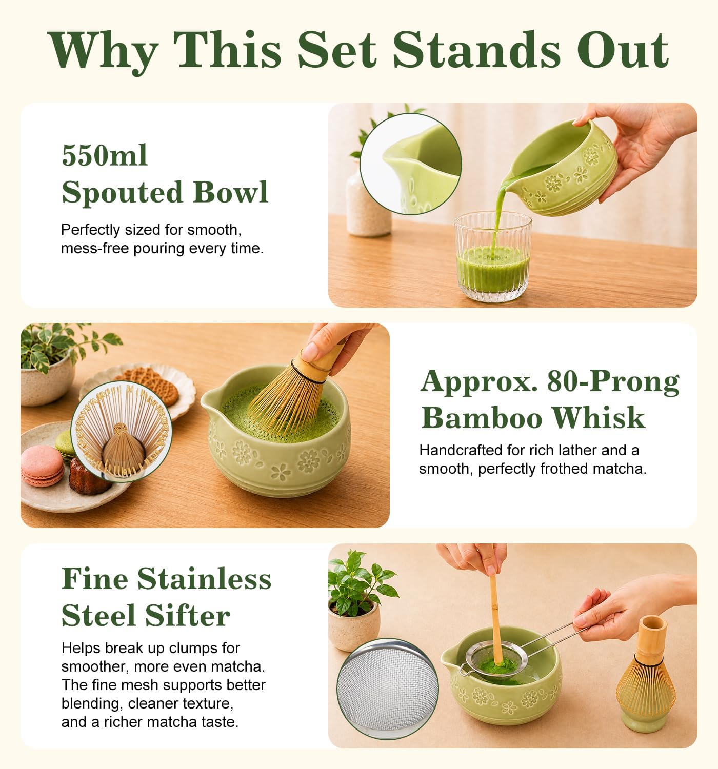 Matcha Whisk Set, Ceramic Matcha Kit for Beginners &amp; Tea Lovers | 8-Piece Set with 550ml Spouted Bowl, 80-Prong Whisk, Sifter, Scoop &amp; Gift Box, Premium Ceramic, Easy to Clean